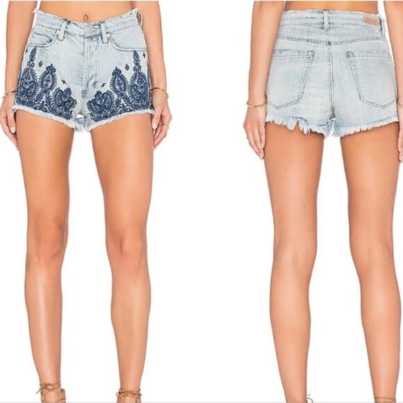 BlankNYC | Embroidered Wedge Distressed Raw Hem High Rise Button Fly Jean Shorts - Picture 1 of 12